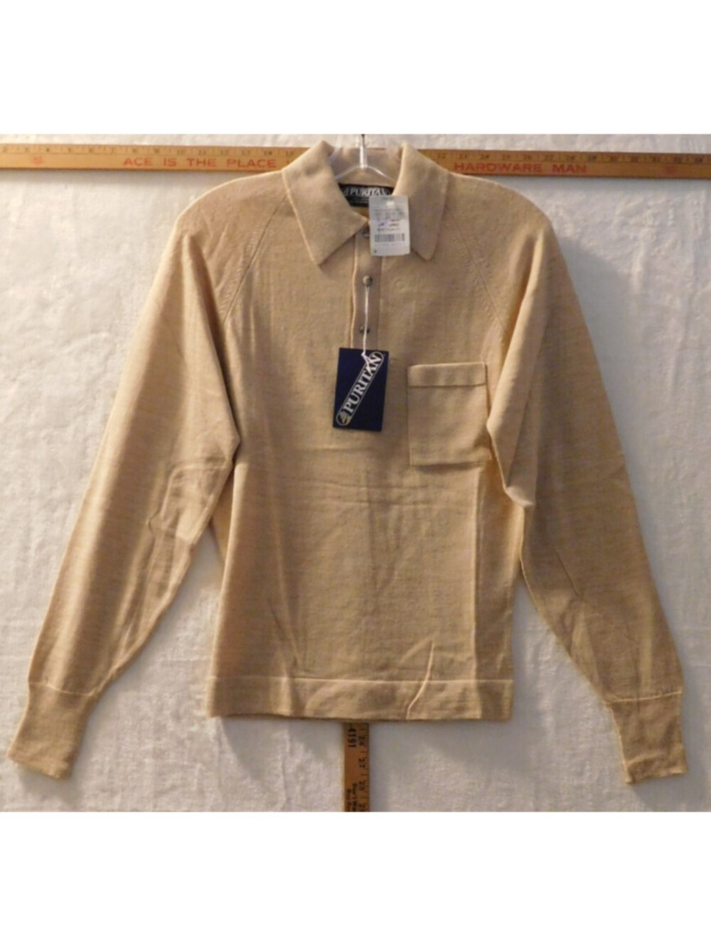 Vintage 70s NOS Puritan Long Sleeve Knit Polo Sweater Tan Beige Small USA